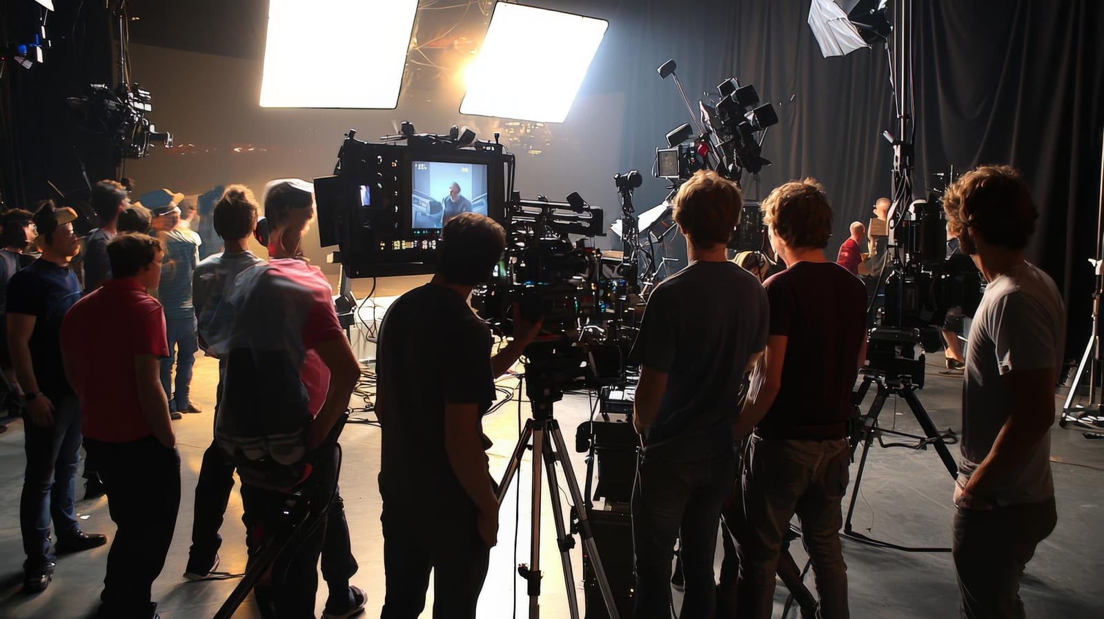 Equipe numerosa acompanha um monitor em um set de filmagem com refletores acesos.